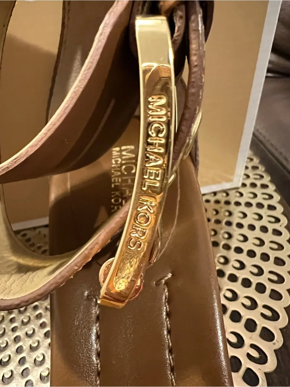 Michael Kors Cognac Leather Block Heel Sandals with Buckle